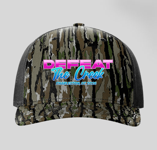 Defeat the Creek 2026 Realtree camo trucker hat with magenta and cyan front logo