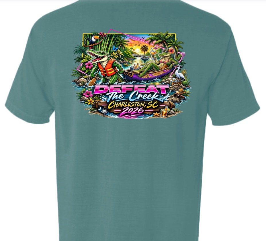 Defeat the Creek 2026 Comfort Colors tee, back view with full alligator creek graphic