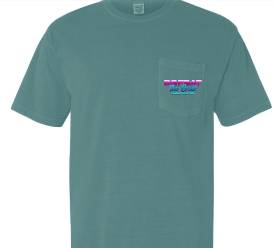 Defeat the Creek 2026 Comfort Colors pocket tee, front view with left-chest logo
